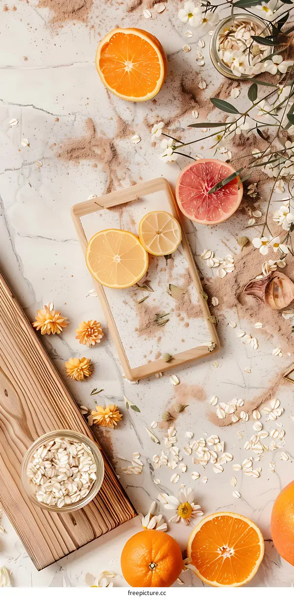 Citrus Fruit and Oatmeal On Marble Countertop