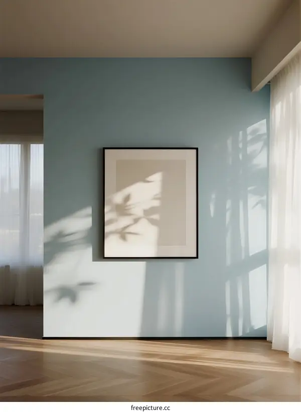 Light Blue Wall with Framed Art and Natural Light Shadows