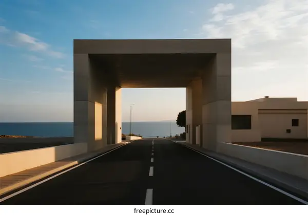 Modern architectural structure by the seaside with clear sky