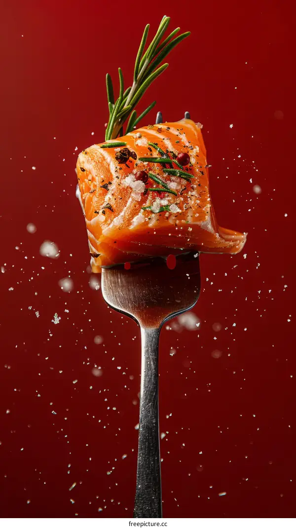 A fork with a piece of salmon fillet on a red background