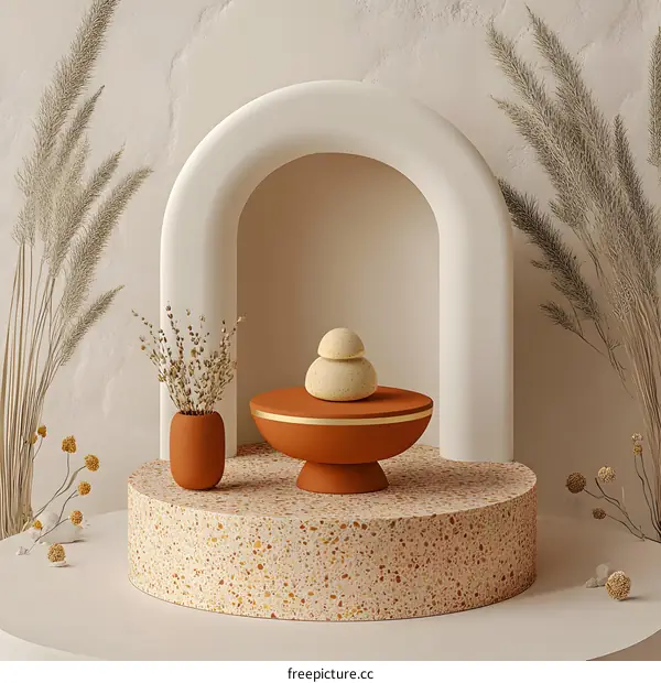 Minimalist Abstract Arch with Terrazzo and Dried Flowers