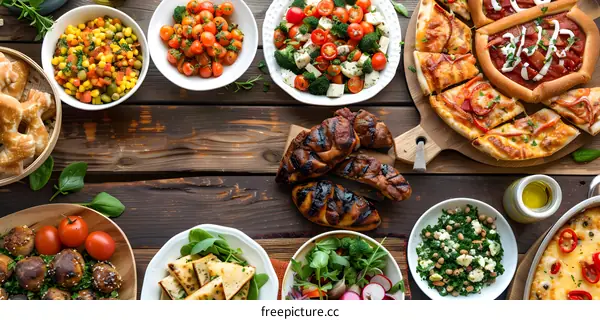 Overhead view of a table with a variety of food