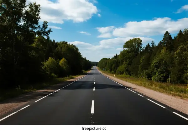 A long asphalt road surrounded by lush green trees under a clear blue sky