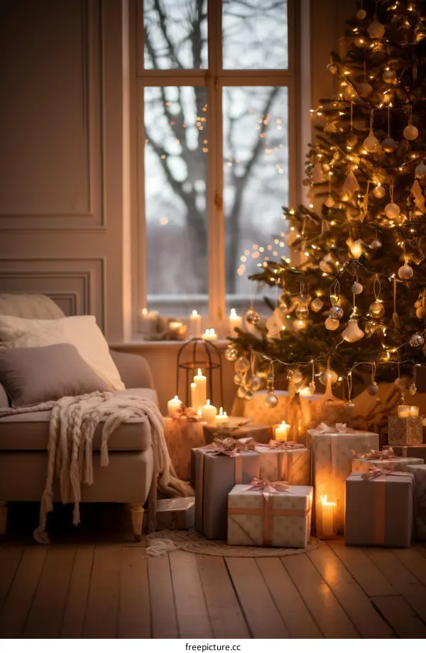 Cozy living room with Christmas tree and presents