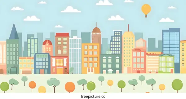 Colorful Cityscape with Hot Air Balloon