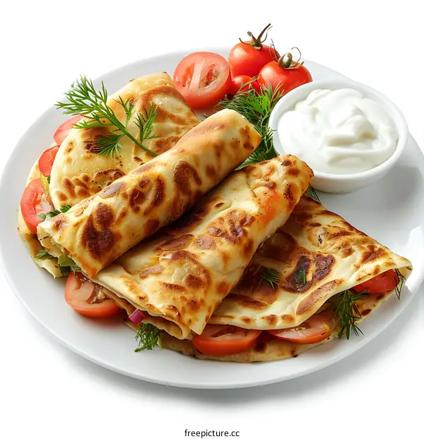 Turkish Gozleme with tomatoes, dill and yogurt sauce