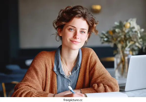 Young woman working with laptop and notebook in cozy interior