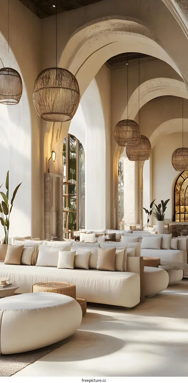 Modern Interior Design with White Sofas and Wicker Lamps