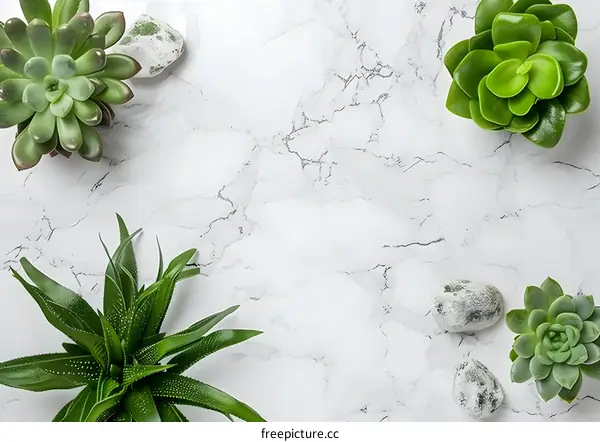 Green Succulents and Stones on Marble Background