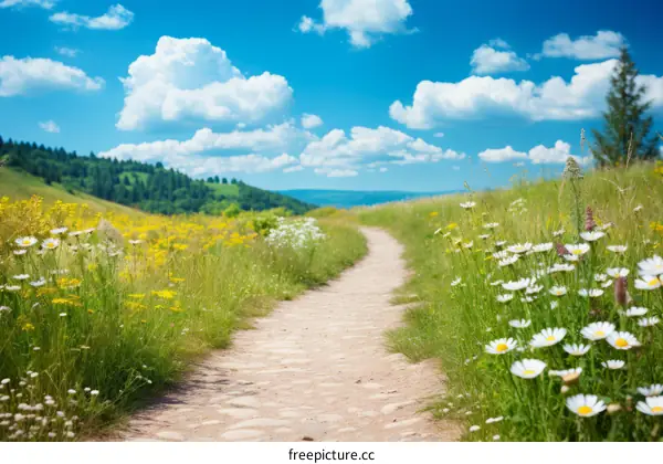 Countryside dirt road through a lush green field