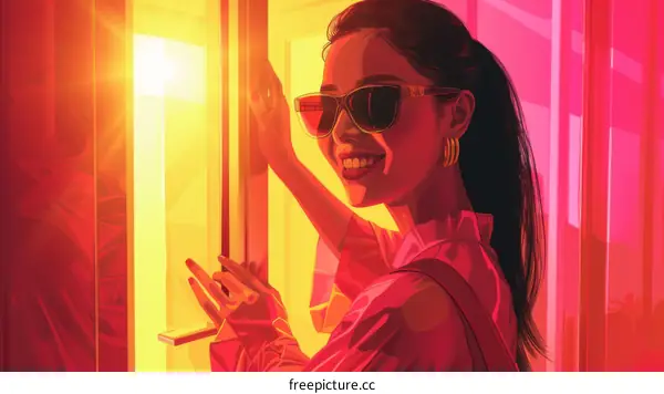 Illustration of a smiling woman wearing sunglasses standing in front of a door