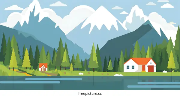 Mountain Landscape with Houses and Forest