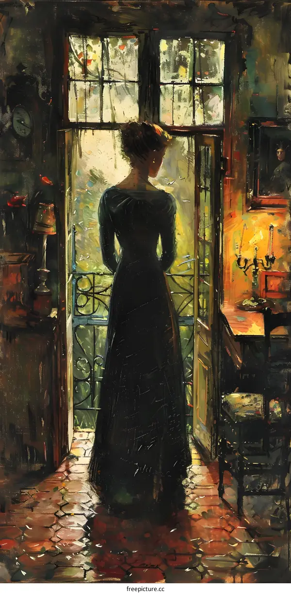 Woman in Black Dress Looking Out of Window