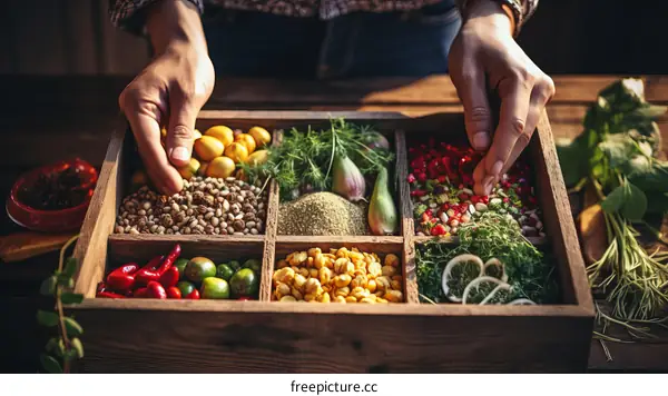 A wooden box filled with various types of spices and a person's hands holding some of the spices