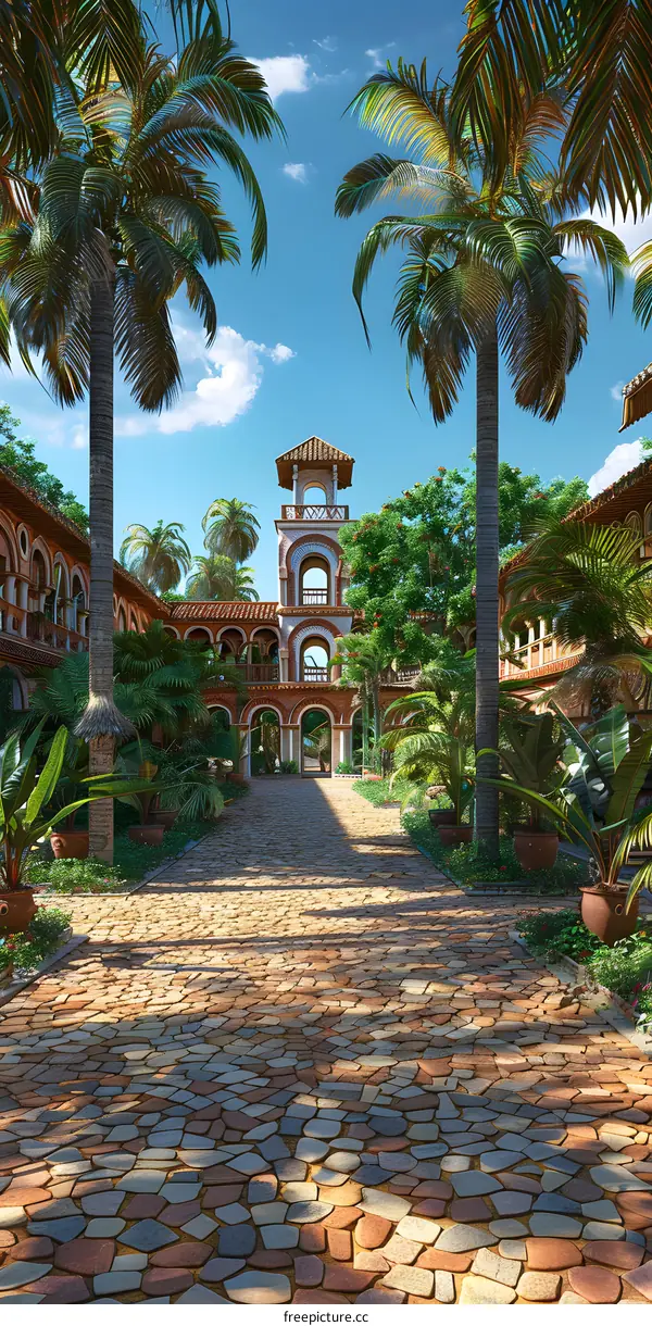 Courtyard with stone path, palm trees and tower in the background