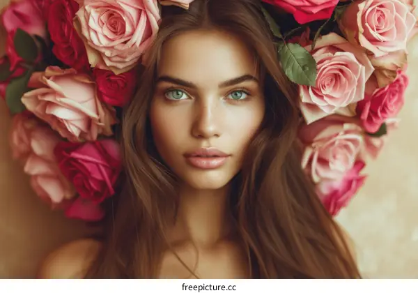 Portrait of a beautiful young woman with long brown hair and green eyes, wearing a wreath of pink and red roses.