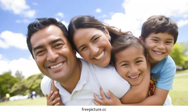 Happy family of four in the park