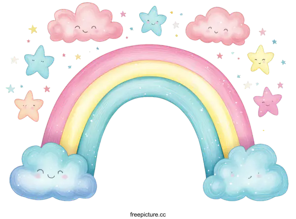 [Transparent Background PNG]Adorable Rainbow with Clouds and Stars Illustration