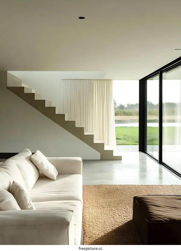 Modern Minimalist Living Room Interior Design with Concrete Stairs and a View of the Garden