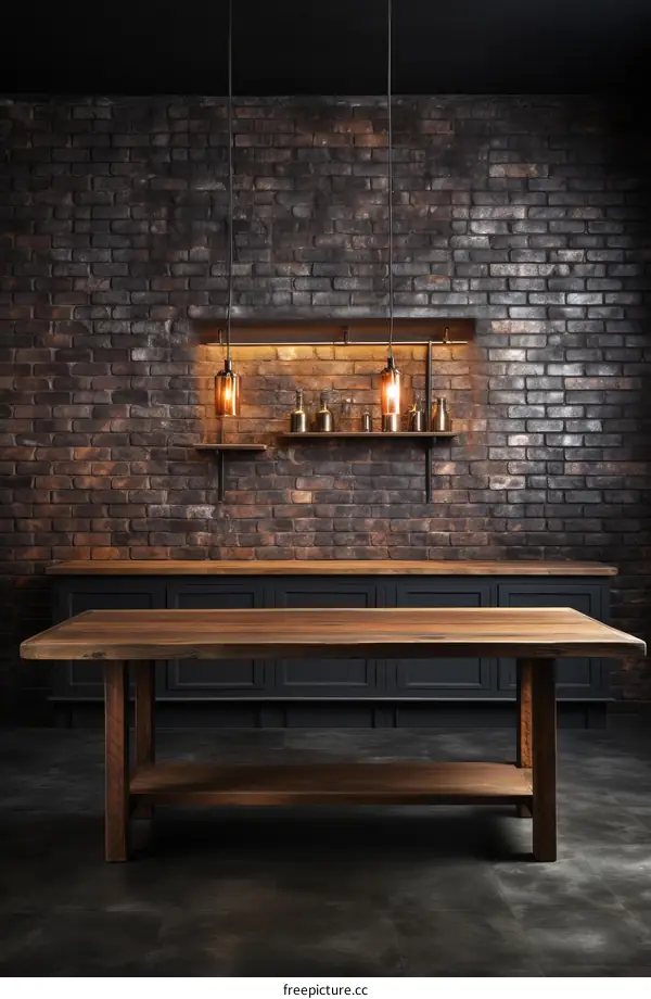 Rustic wooden table in front of a brick wall