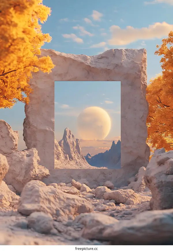 Rock Frame Mountain View with Yellow Trees