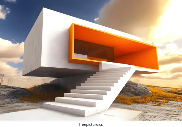 Modern Concrete House with Orange Canopy and White Stairs