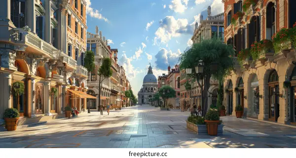 European Style Street Scenery with Shops and Buildings