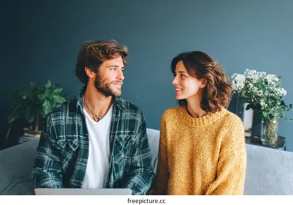 Couple Sitting on Sofa Conversation