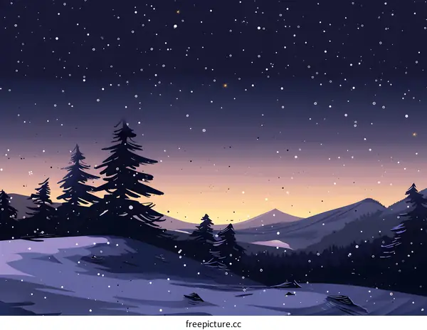Winter Night in the Mountains with Snowfall and Stars