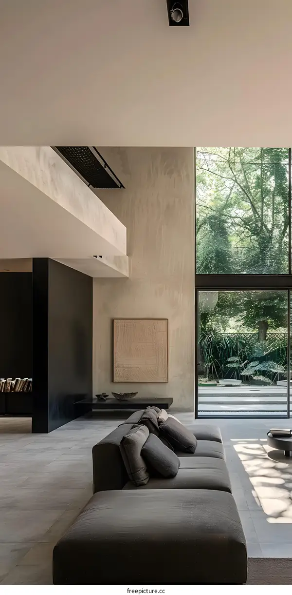 Modern Minimalist Living Room Interior Design With Large Window And Grey Sofa