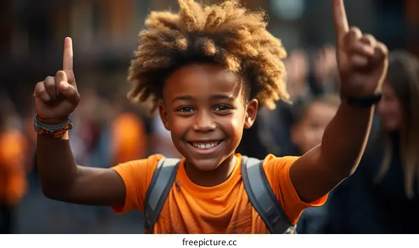 Happy African American boy with finger up in the air