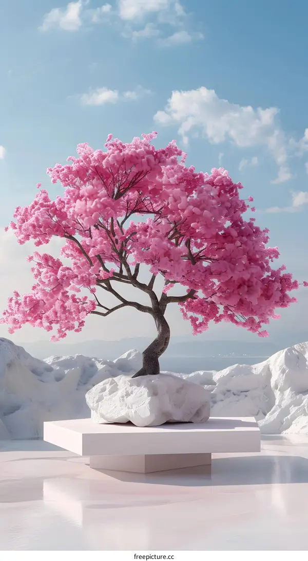 pink blossom tree in surreal landscape