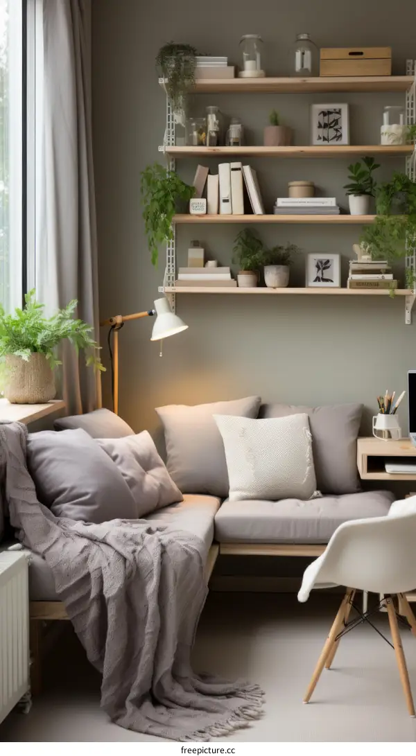 A cozy home office with a green wall and lots of plants