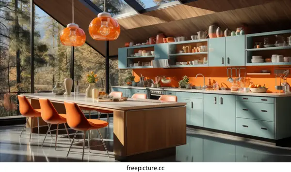 Retro kitchen with large windows and a view of the forest
