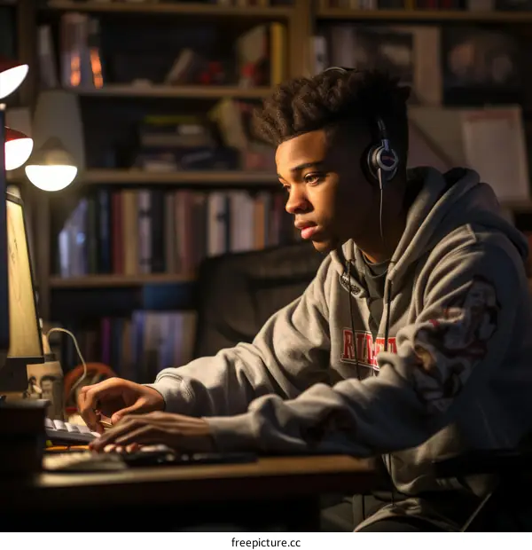 Young African-American male student in a gray hoodie uses a computer in a home library.