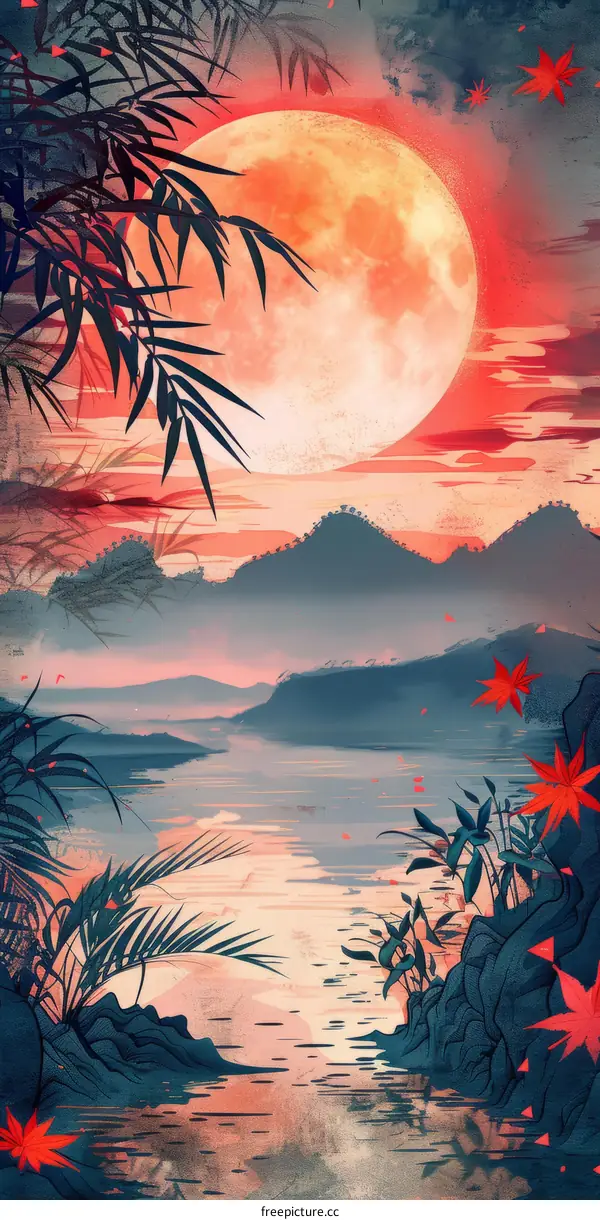Tranquil moonlit lake with distant mountains and red maple leaves