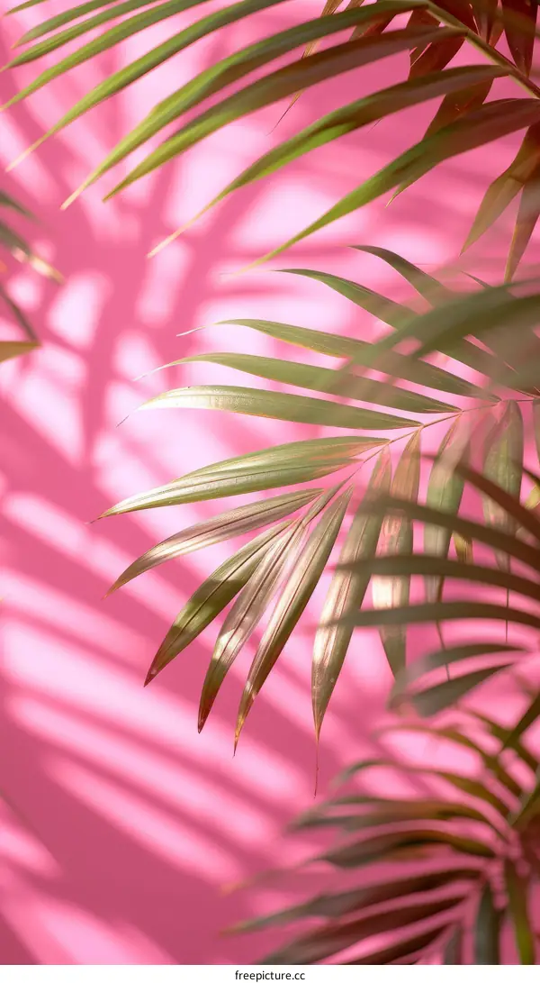 Close-up of a palm leaf against a pink background