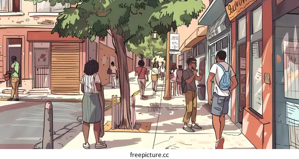 Street Scene with People Walking on Sidewalk in Front of Stores and a Tree