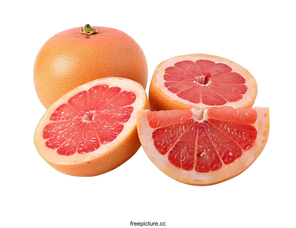[Transparent Background PNG]Fresh Whole and Sliced Pink Grapefruit on White Background