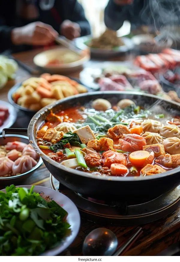 A group of people eating a hot pot meal together