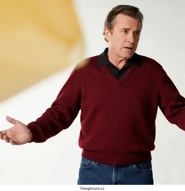 Man wearing red sweater with arms outstretched in a questioning pose