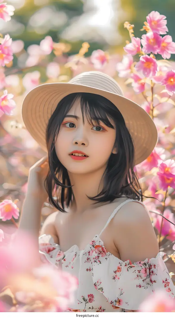 Beautiful Asian Woman with Pink Flowers and a Straw Hat