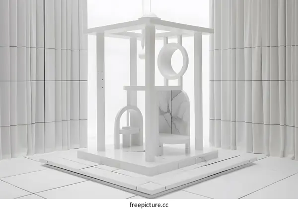 Minimalist White Abstract Geometric Structure With Curtains