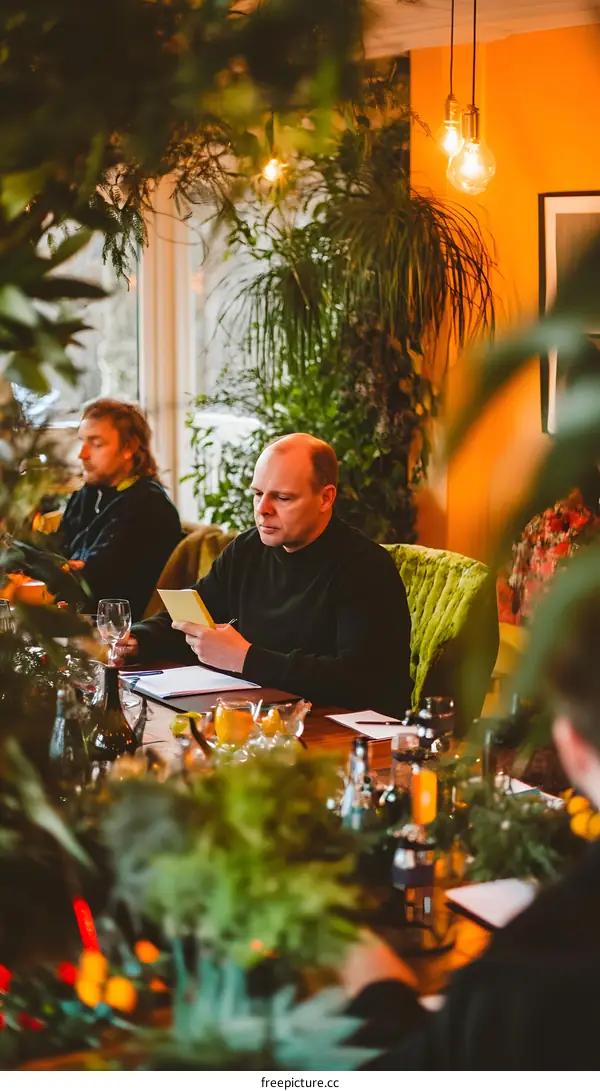 Two Men Sitting at a Table in a Room with Plants
