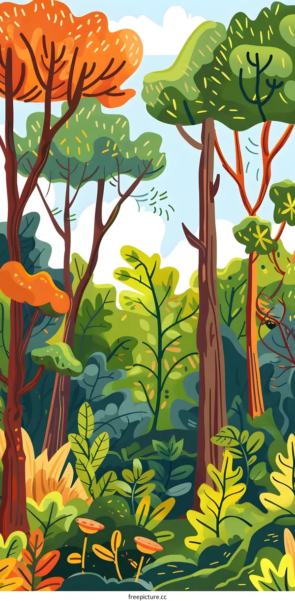 Illustrated Colorful Forest Scene with Lush Greenery and Tall Trees