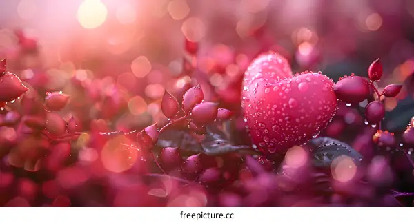 A crystal clear pink heart in a blooming rose bush