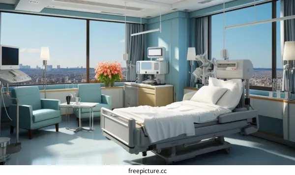Patient room interior with a large window
