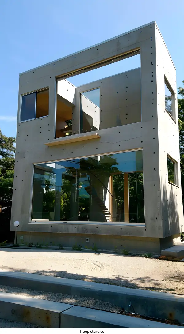 Modern Concrete House with Large Windows and a Gravel Garden