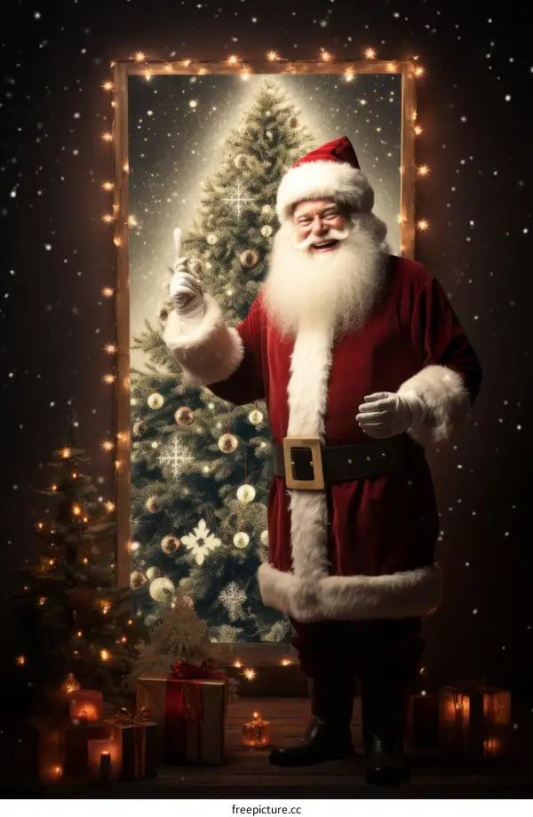 Santa Claus in front of a Christmas tree