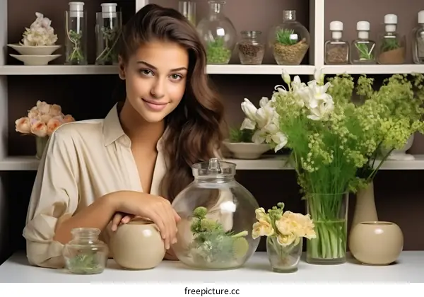 Portrait of a beautiful young woman with long brown hair standing in a greenhouse